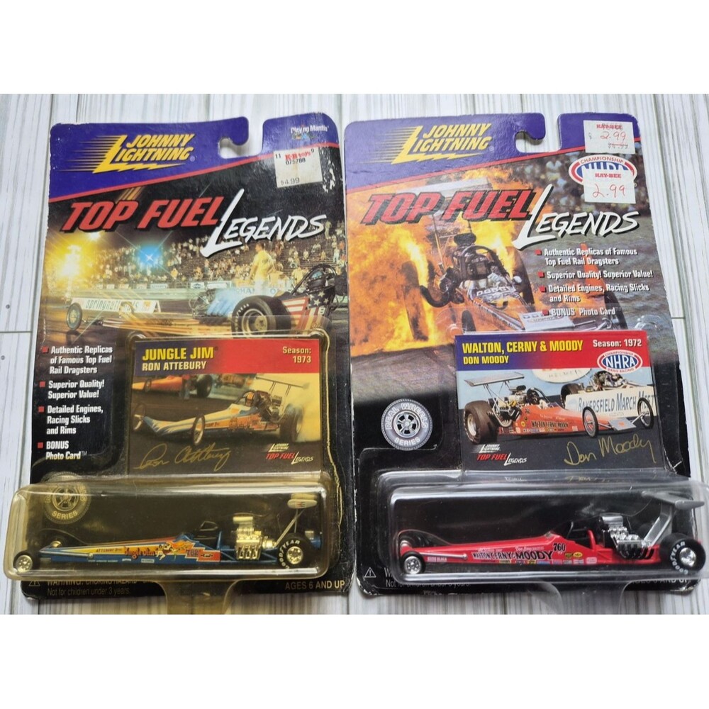 Vintage Set Of 2 Johnny Lightning Top Fuel Dragster Legends w/ Photo Card